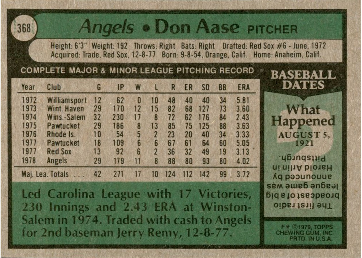 1979 Topps #368 Don Aase card back