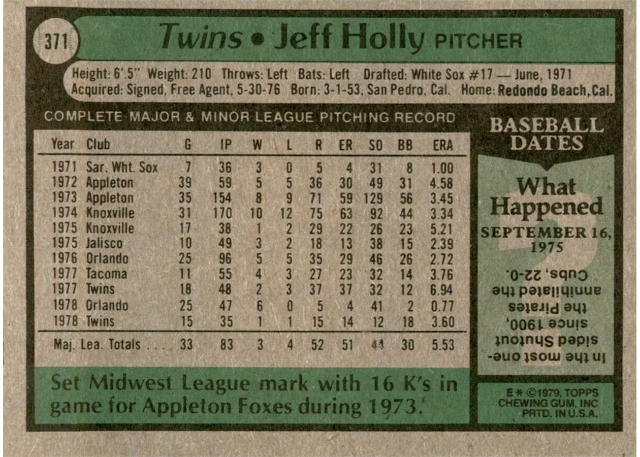 1979 Topps #371 Jeff Holly card back