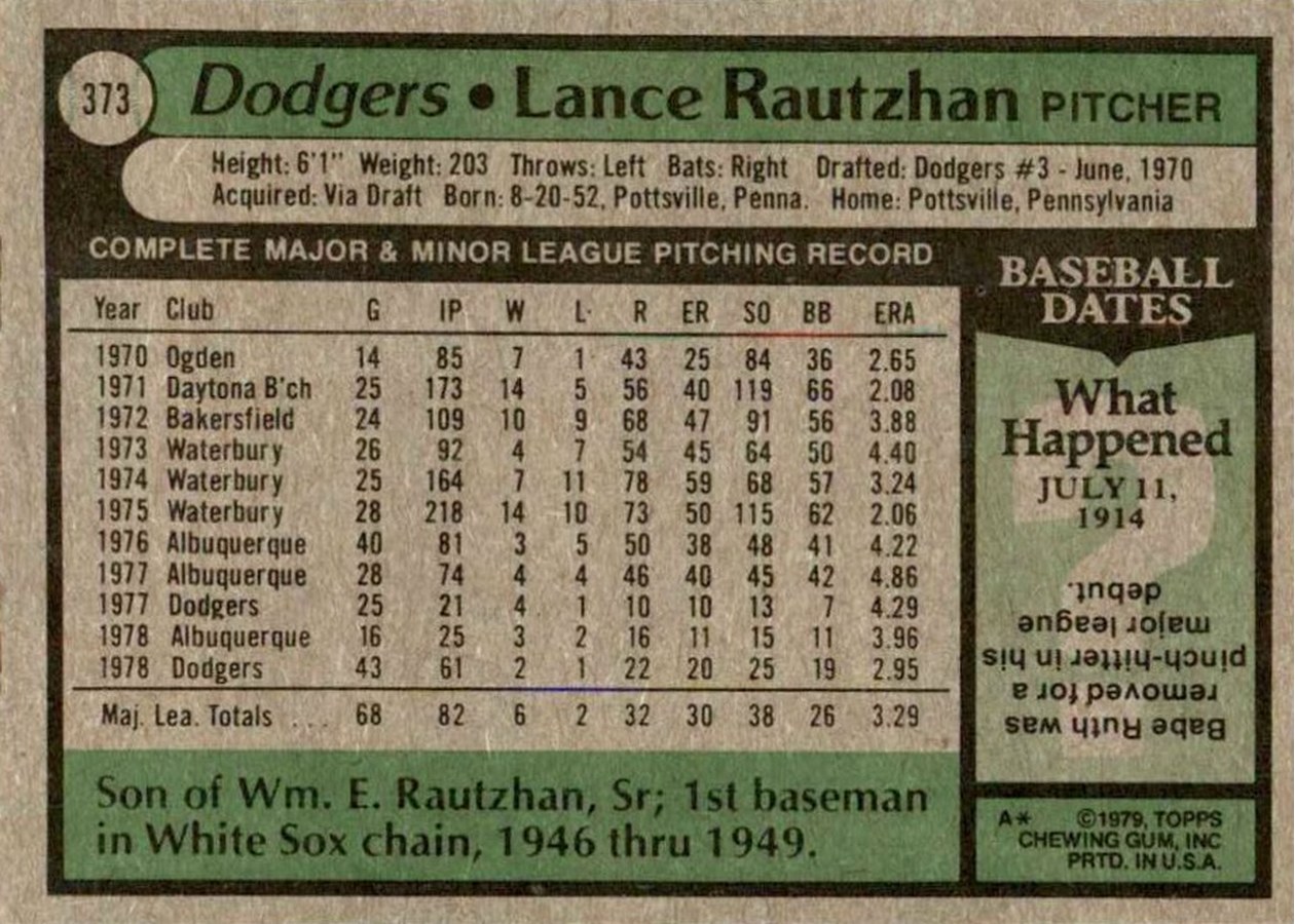 1979 Topps #373 Lance Rautzhan card back