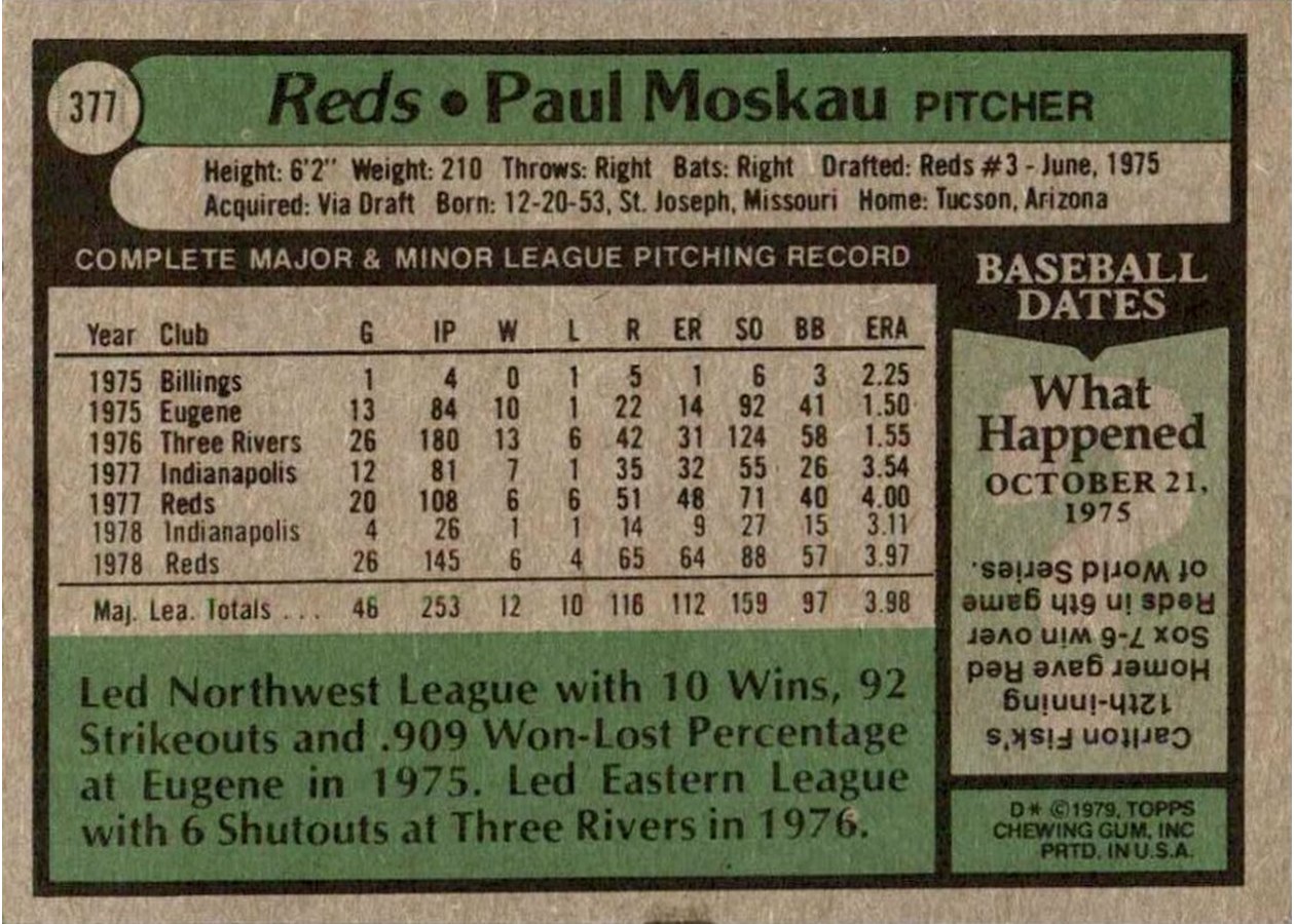 1979 Topps #377 Paul Moskau card back