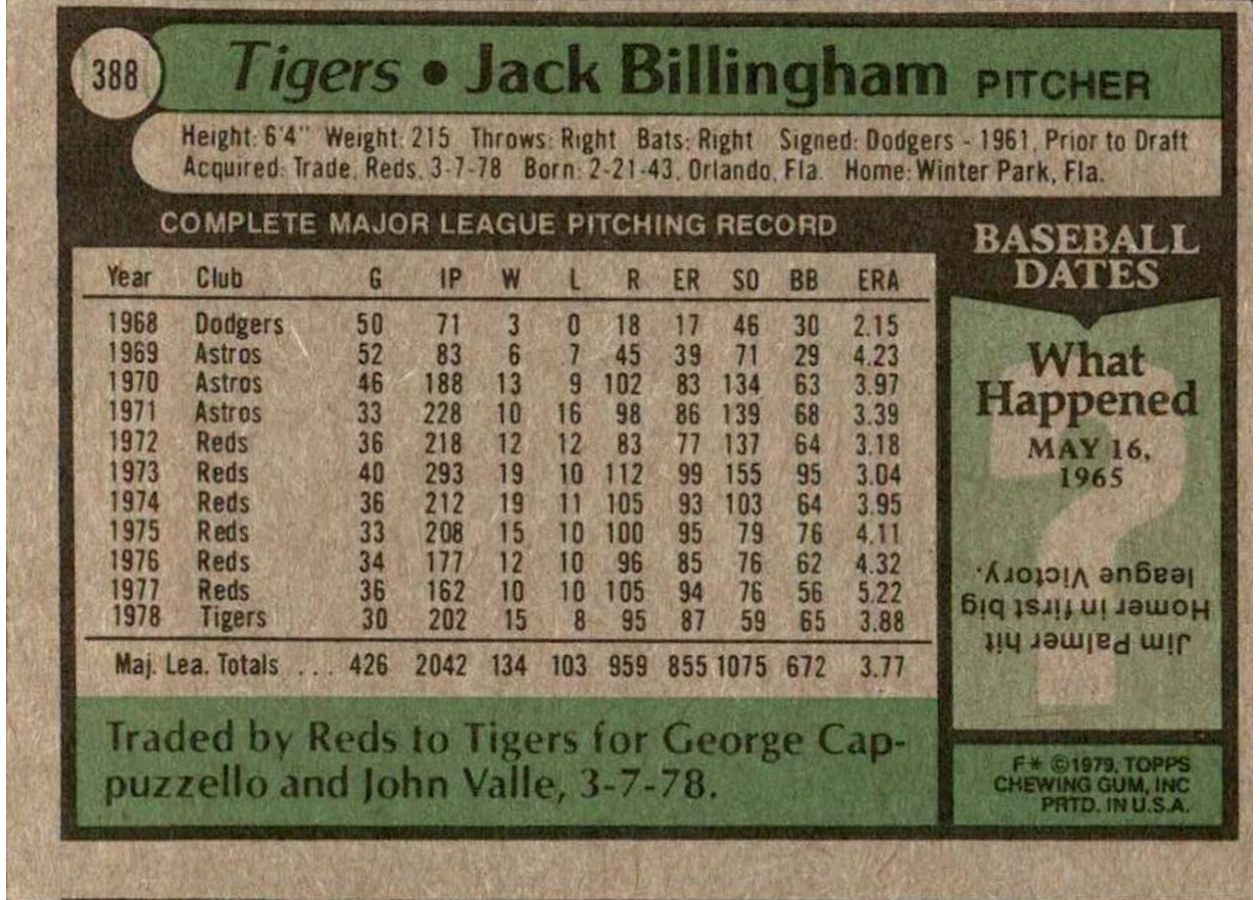 1979 Topps #388 Jack Billingham card back