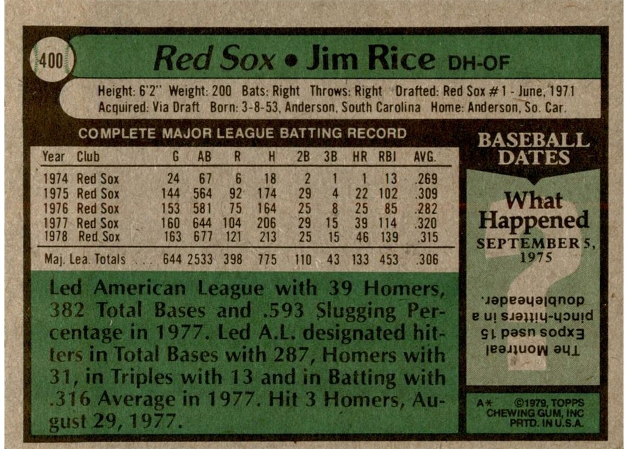 1979 Topps #400 Jim Rice card back