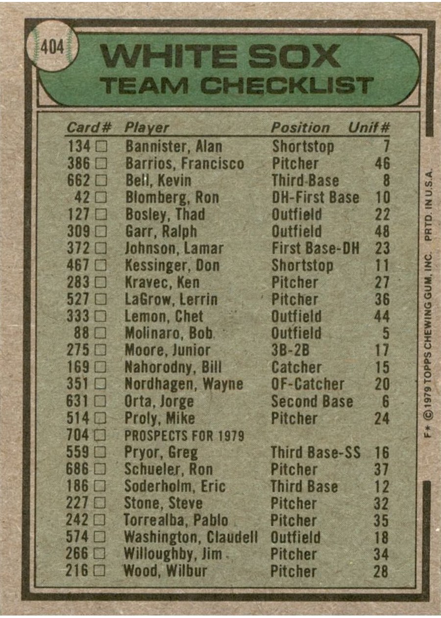 1979 Topps #404 Chicago White Sox / Don Kessinger card back