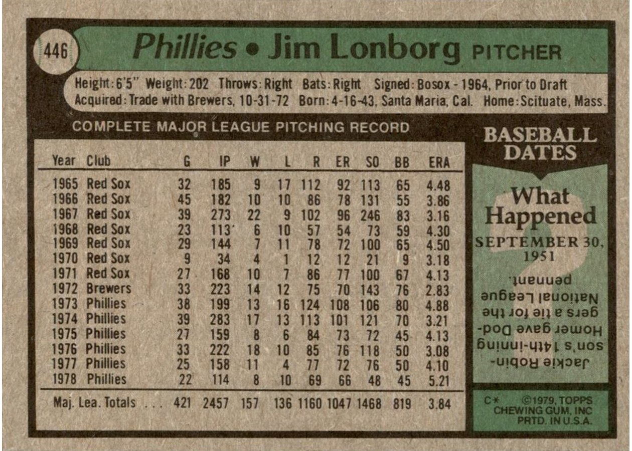 1979 Topps #446 Jim Lonborg card back