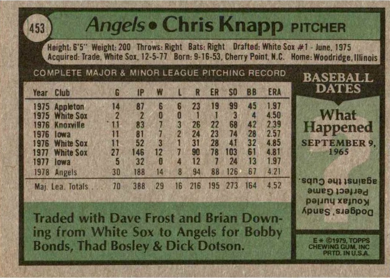 1979 Topps #453 Chris Knapp card back