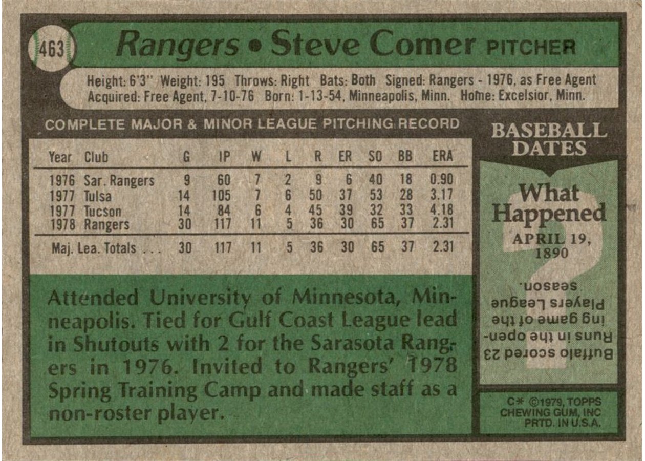 1979 Topps #463 Steve Comer card back