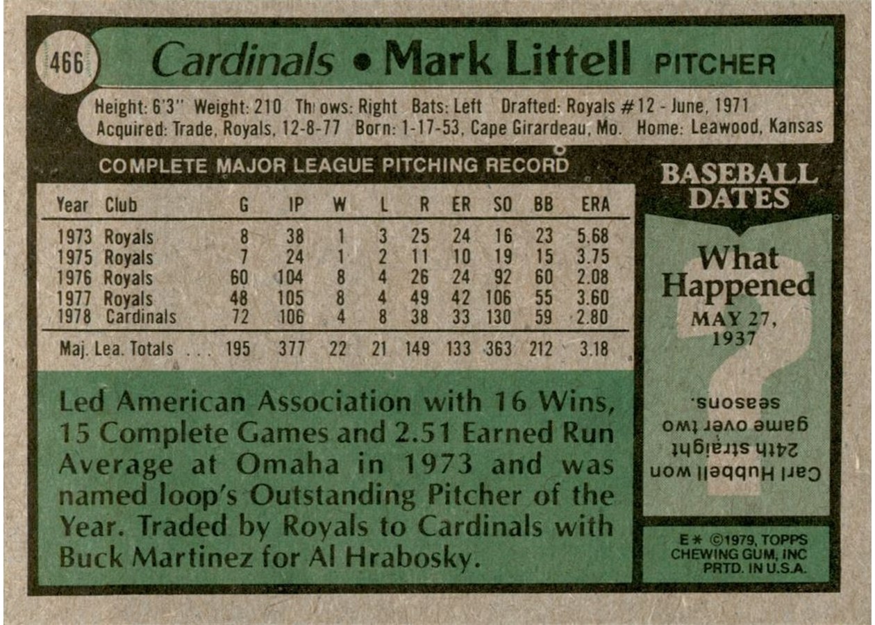 1979 Topps #466 Mark Littell card back