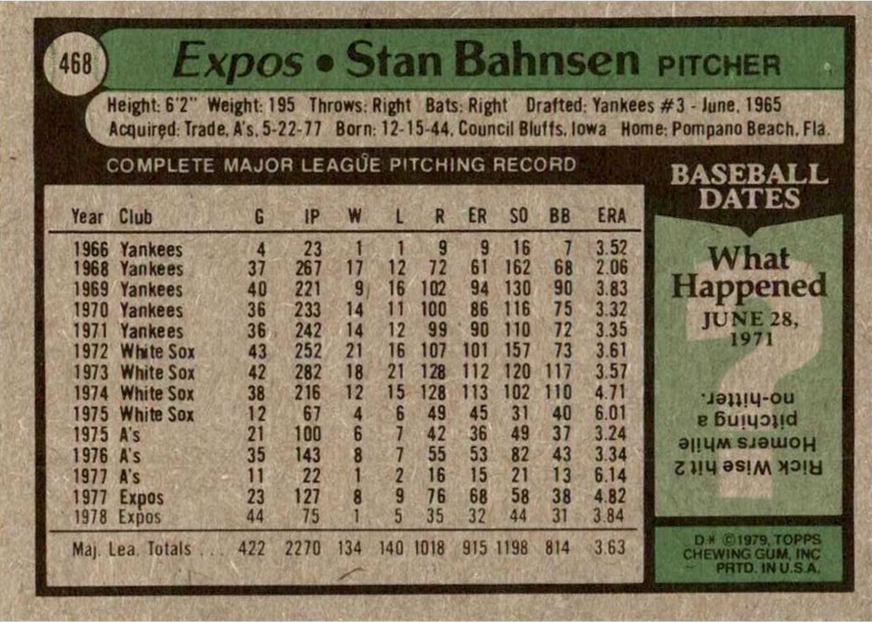 1979 Topps #468 Stan Bahnsen card back