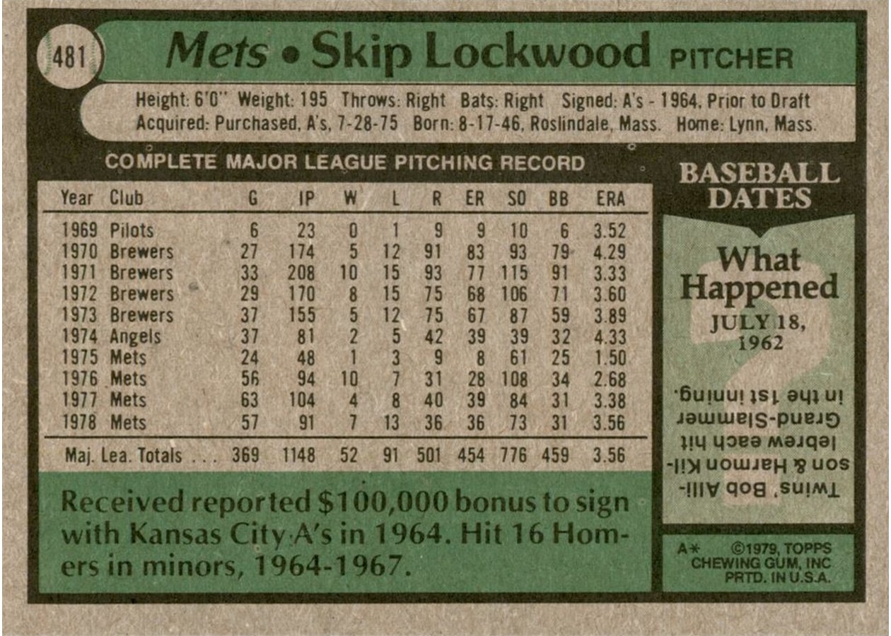 1979 Topps #481 Skip Lockwood card back