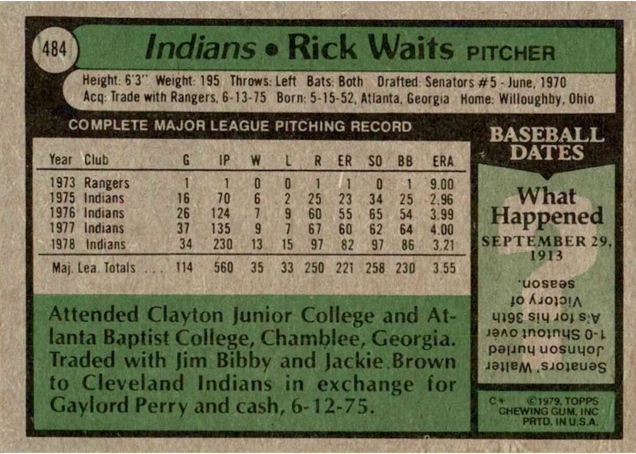 1979 Topps #484 Rick Waits card back