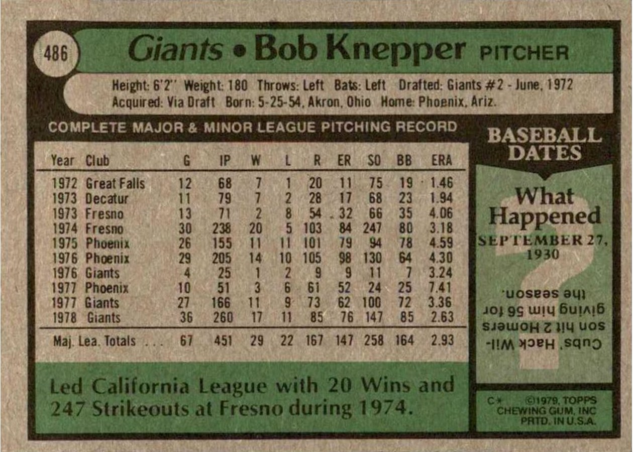 1979 Topps #486 Bob Knepper card back