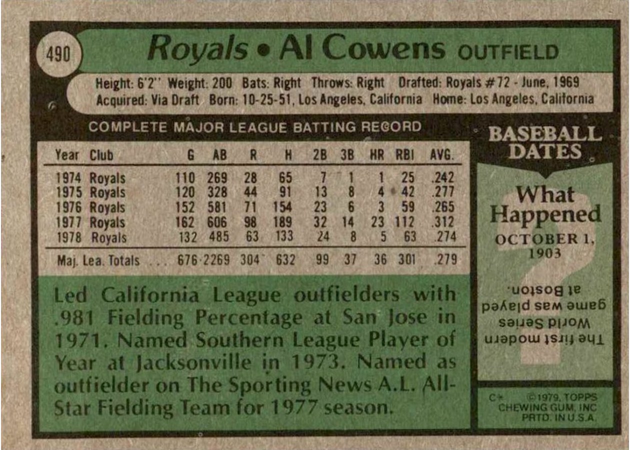 1979 Topps #490 Al Cowens card back
