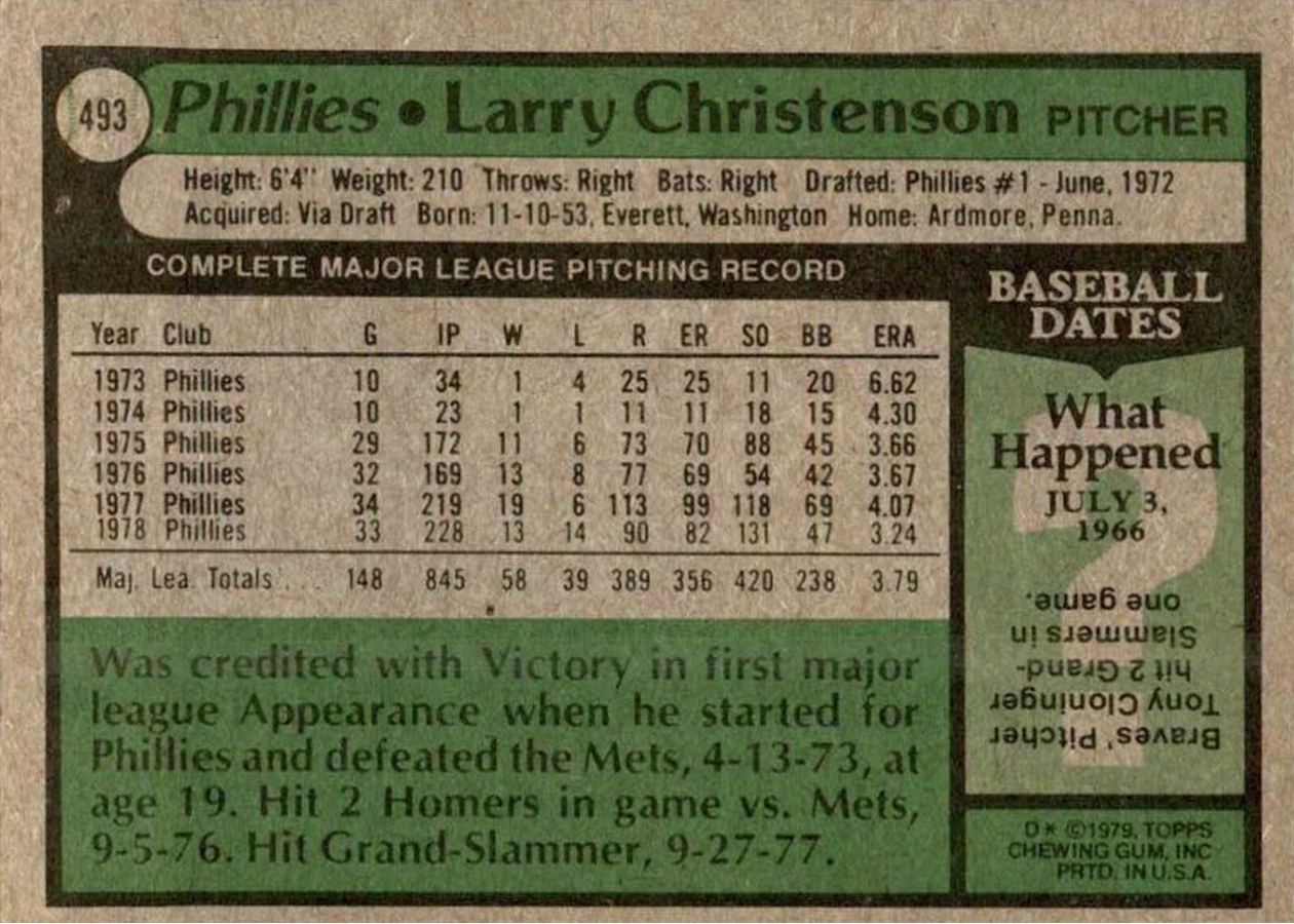 1979 Topps #493 Larry Christenson card back
