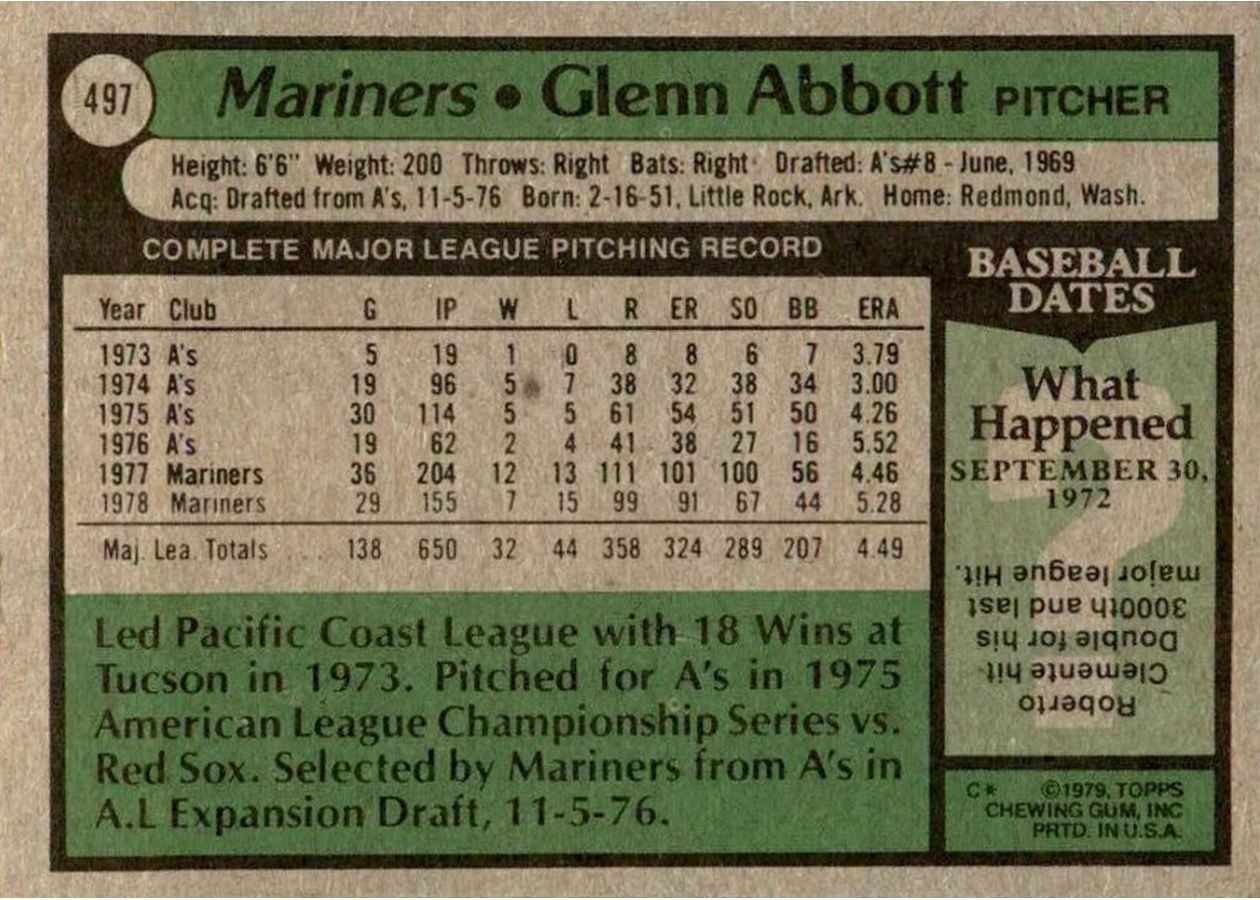 1979 Topps #497 Glenn Abbott card back