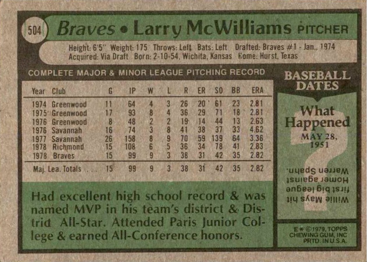 1979 Topps #504 Larry McWilliams card back