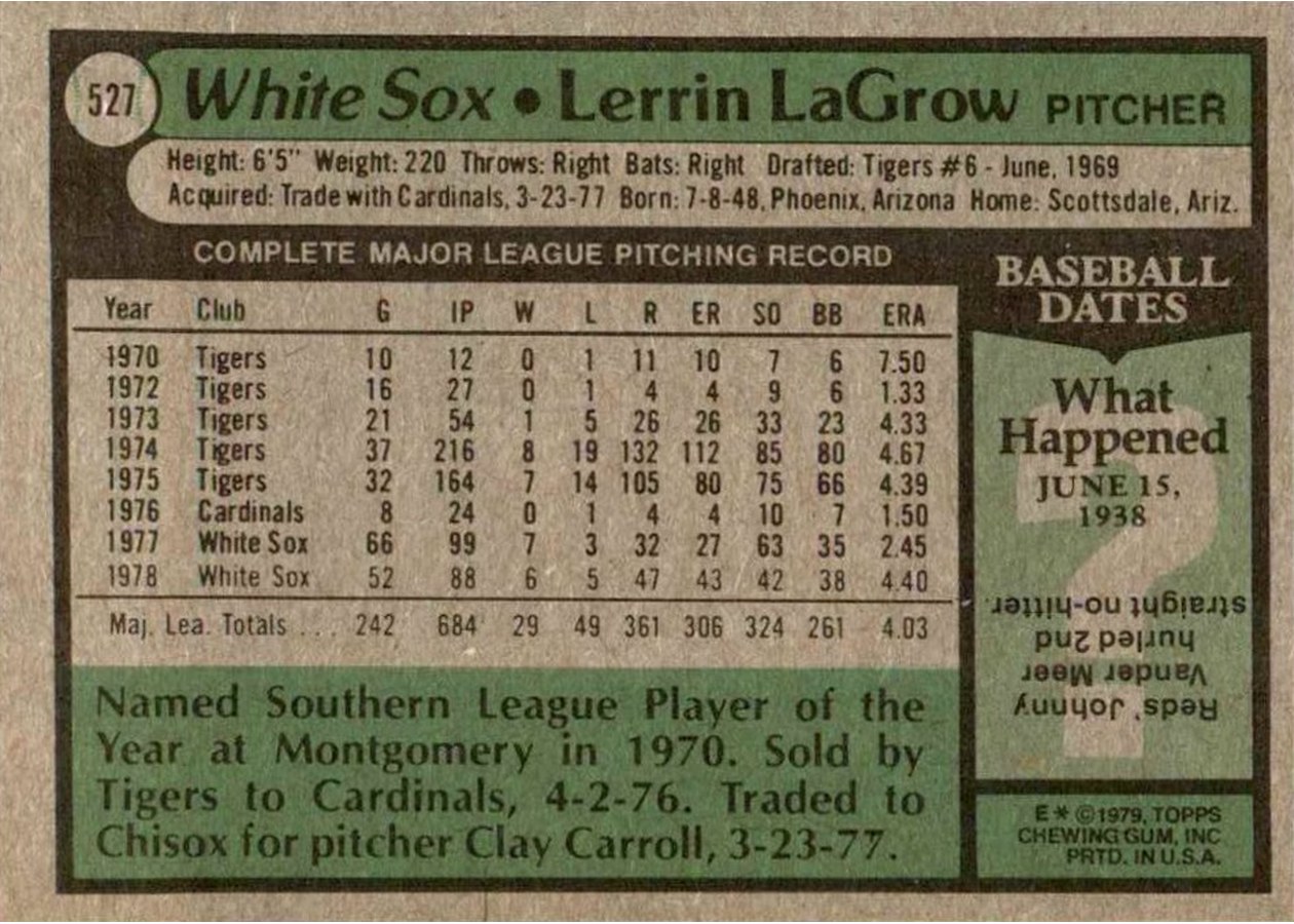 1979 Topps #527 Lerrin LaGrow card back