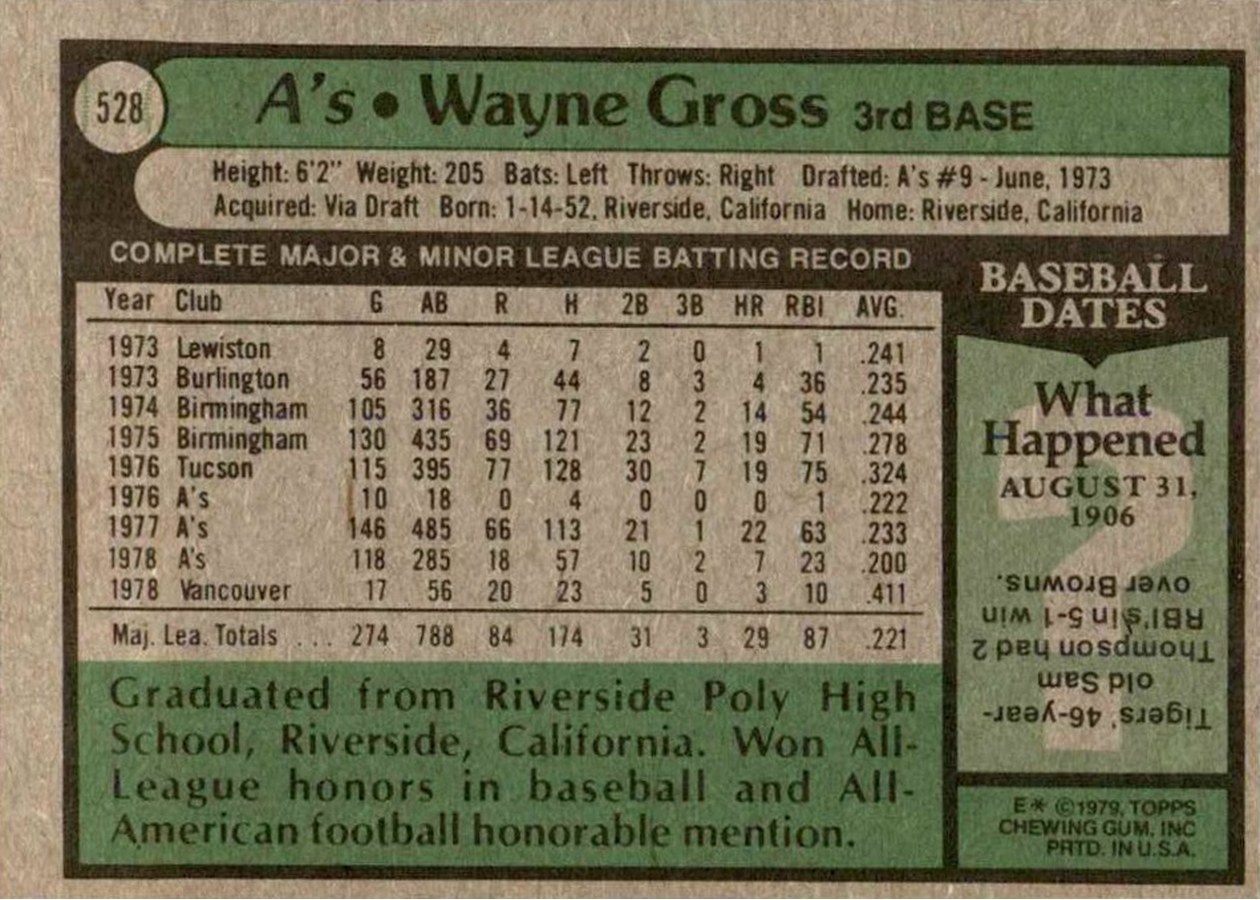 1979 Topps #528 Wayne Gross card back