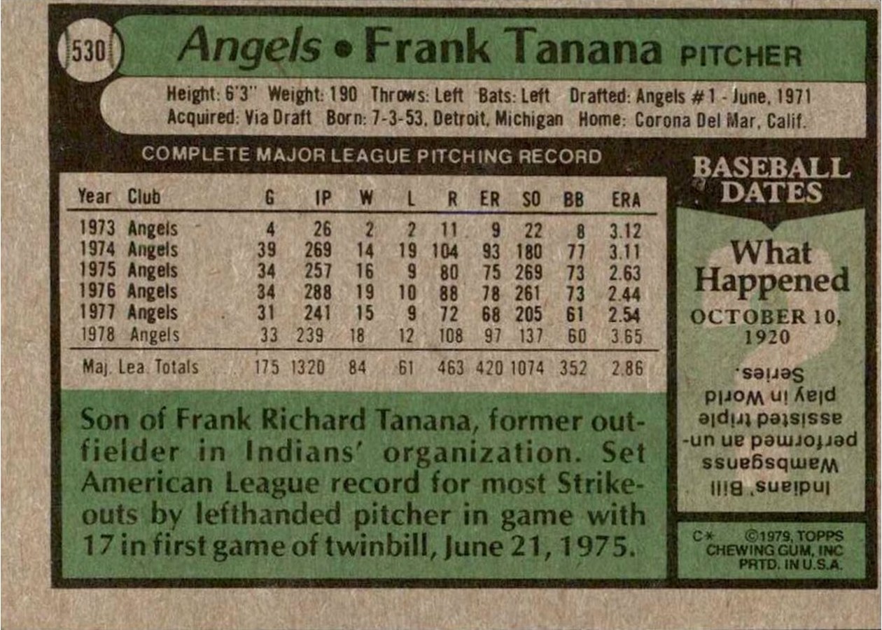 1979 Topps #530 Frank Tanana card back