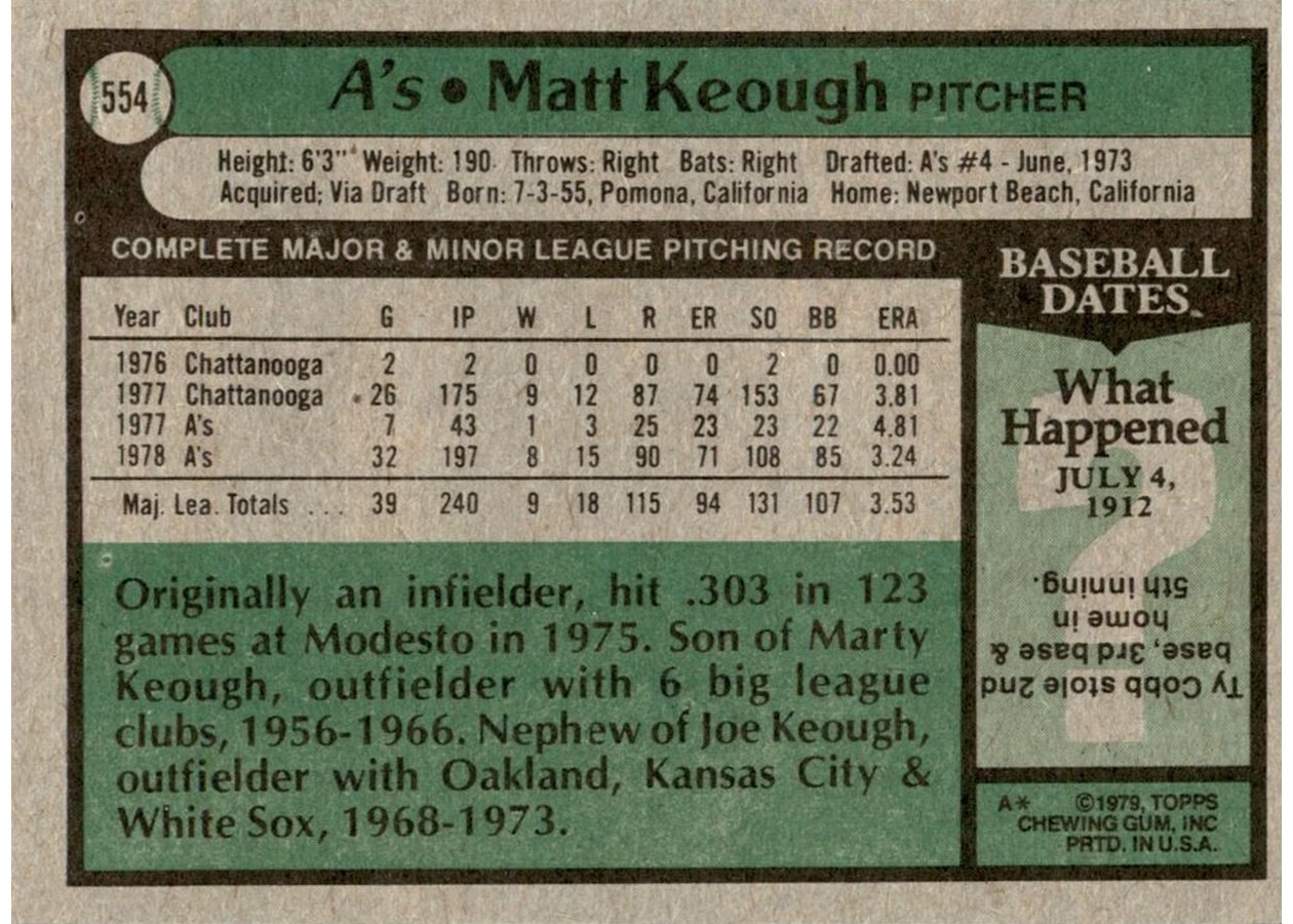 1979 Topps #554 Matt Keough card back
