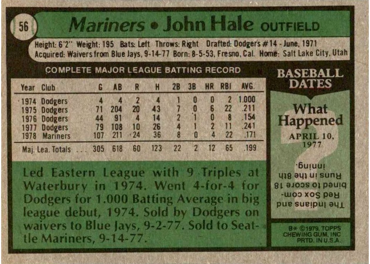 1979 Topps #56 John Hale card back