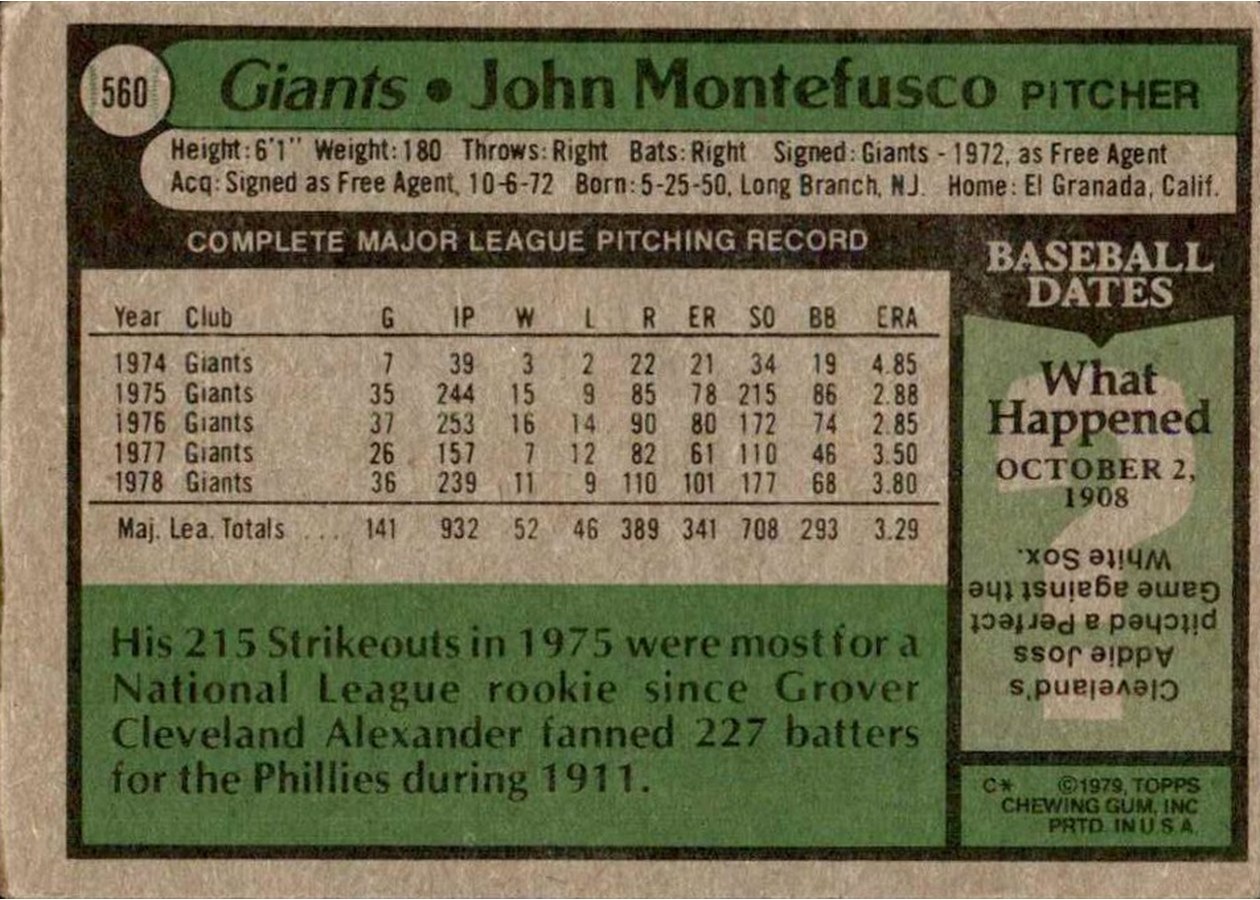 1979 Topps #560 John Montefusco card back