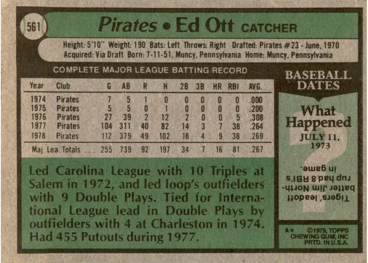 1979 Topps #561 Ed Ott card back