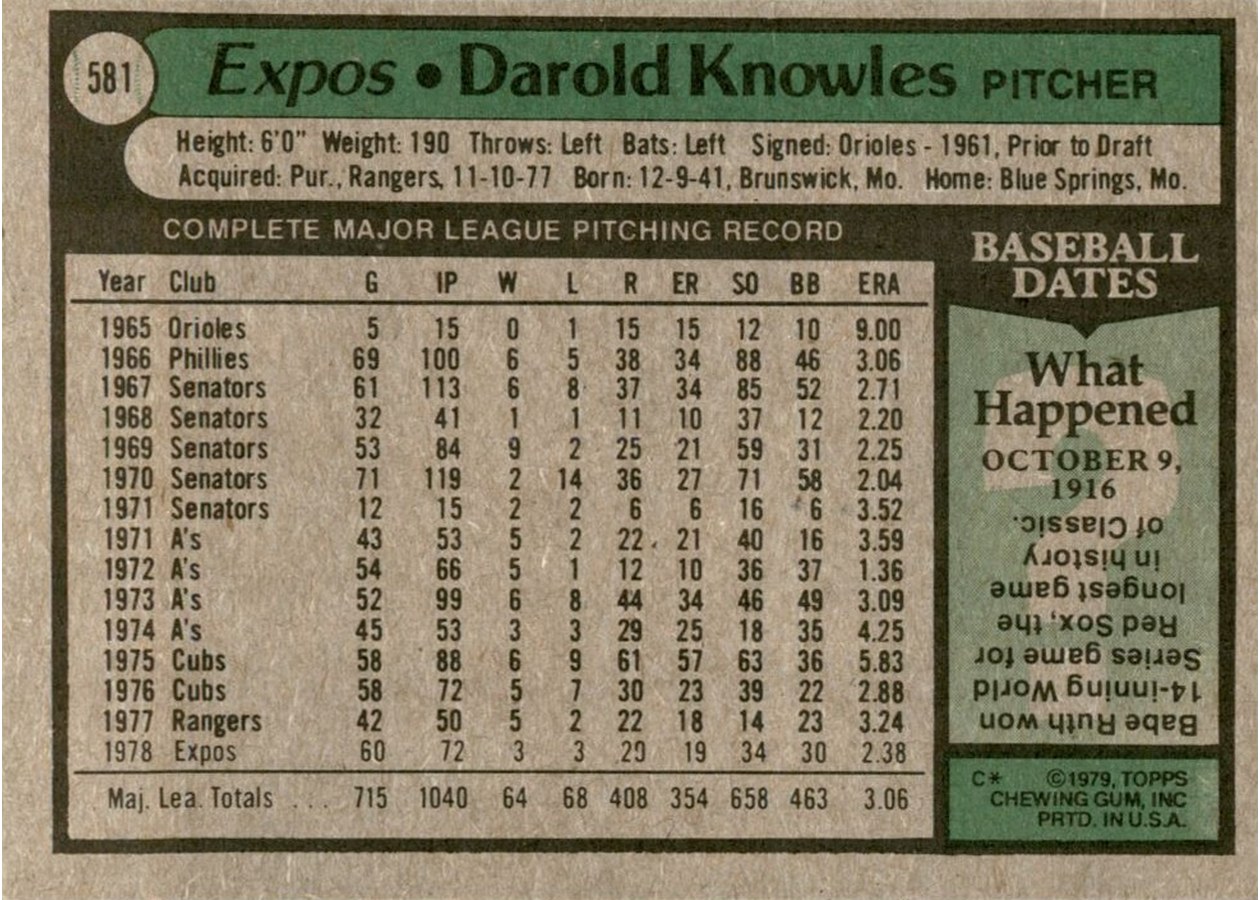 1979 Topps #581 Darold Knowles card back