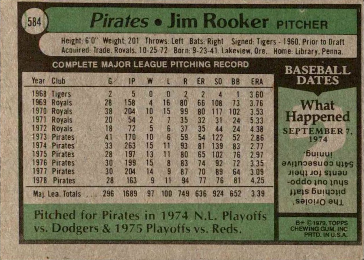 1979 Topps #584 Jim Rooker card back