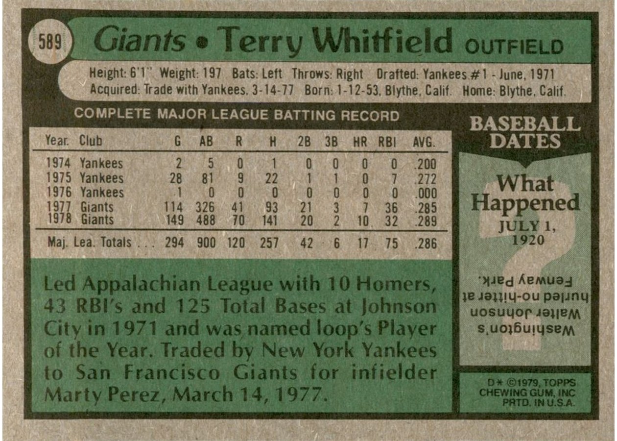 1979 Topps #589 Terry Whitfield card back