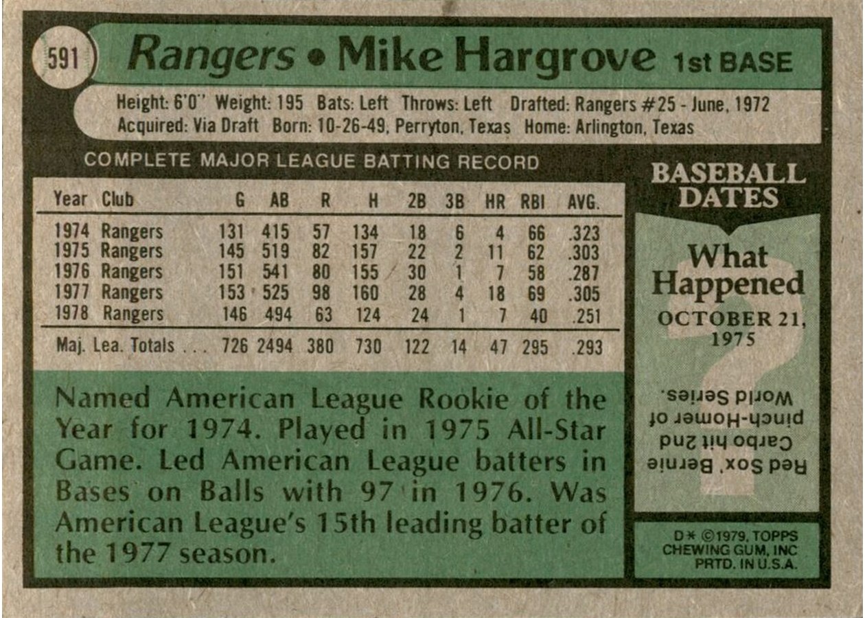 1979 Topps #591 Mike Hargrove card back