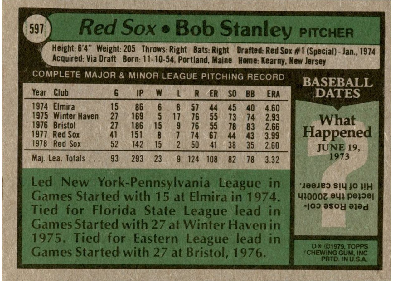 1979 Topps #597 Bob Stanley card back
