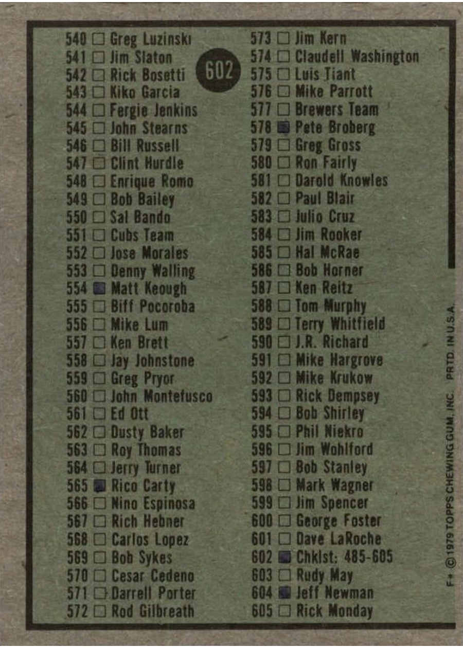 1979 Topps #602 Checklist: 485-605 card back