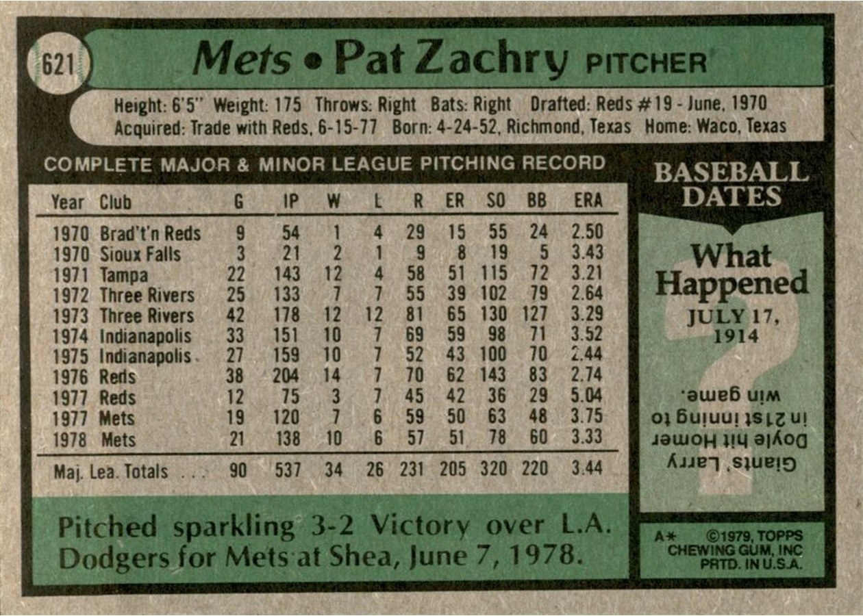 1979 Topps #621 Pat Zachry card back