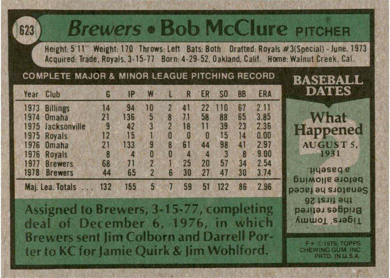 1979 Topps #623 Bob McClure card back