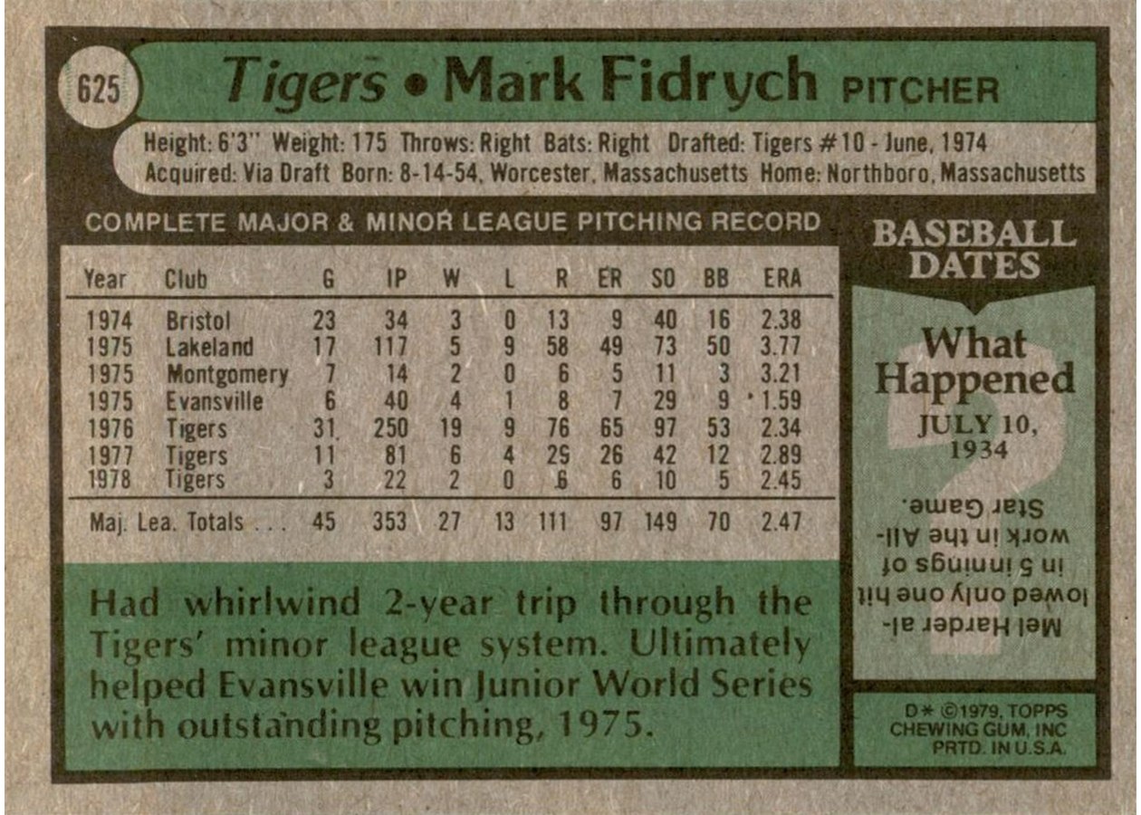 1979 Topps #625 Mark Fidrych card back