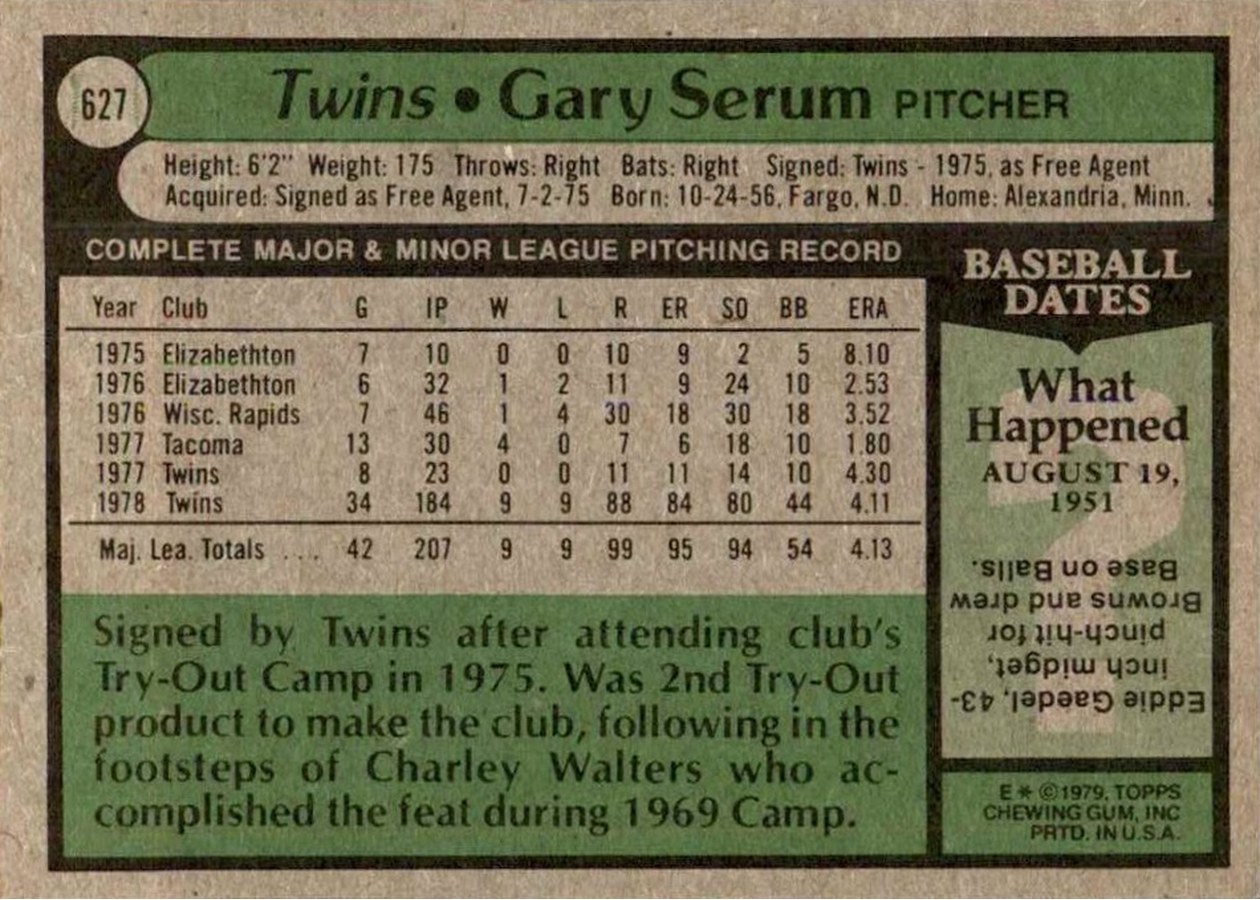 1979 Topps #627 Gary Serum card back