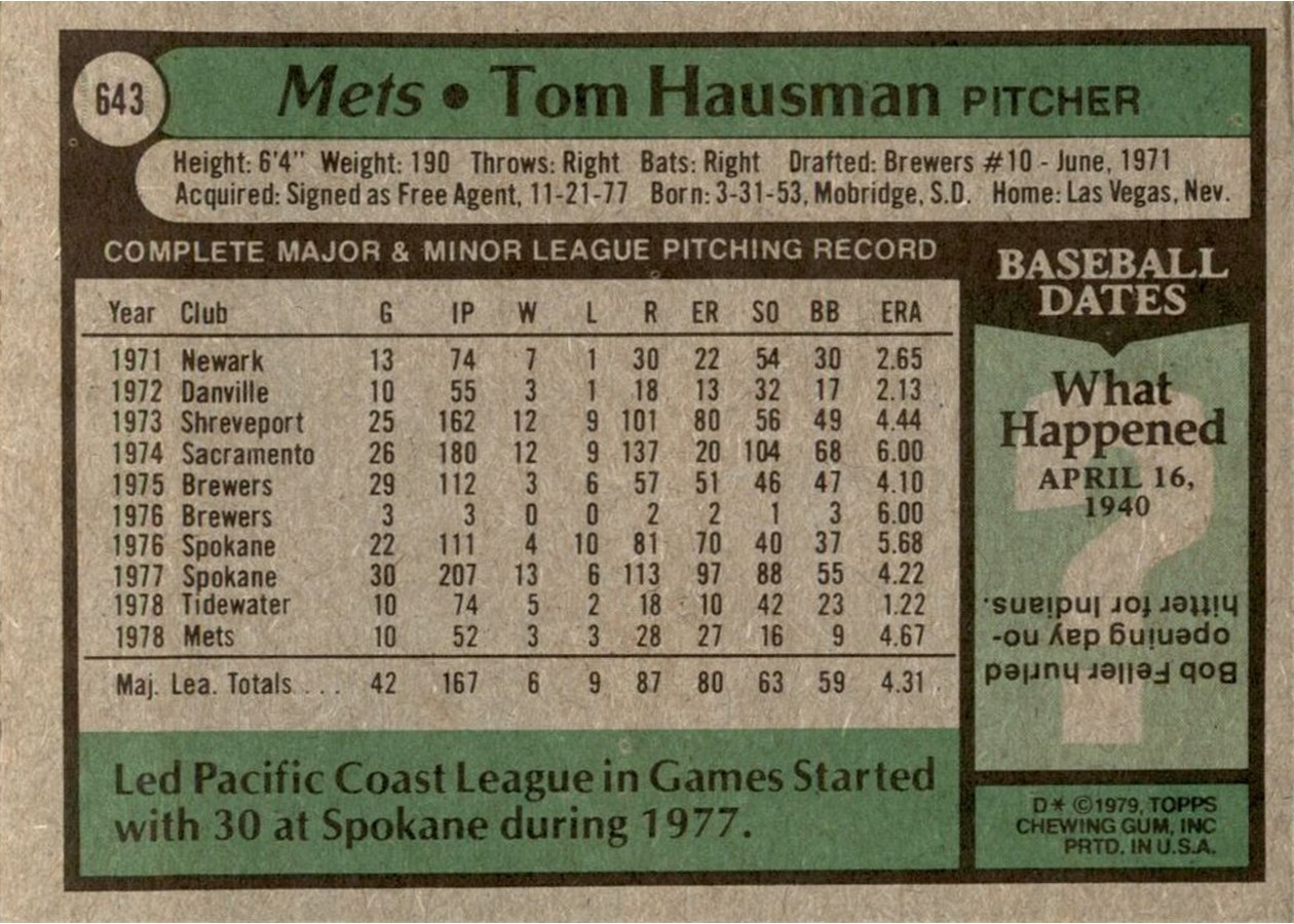 1979 Topps #643 Tom Hausman card back