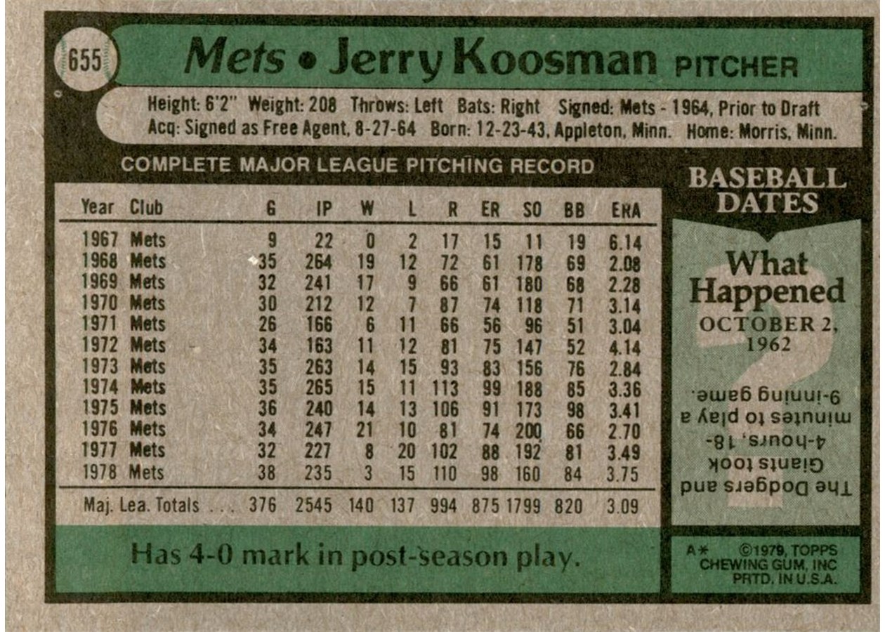 1979 Topps #655 Jerry Koosman card back