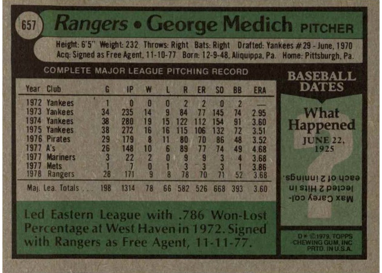 1979 Topps #657 George Medich card back