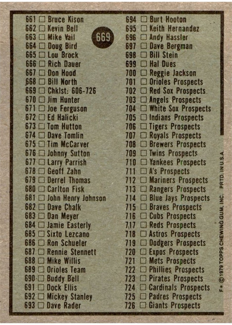 1979 Topps #669 Checklist: 606-726 card back