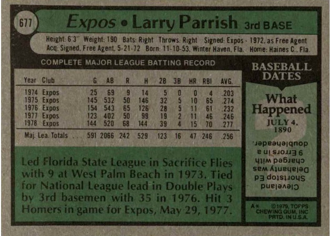 1979 Topps #677 Larry Parrish card back
