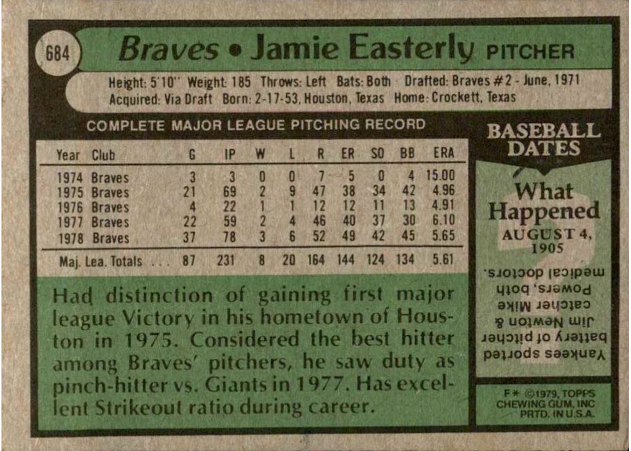 1979 Topps #684 Jamie Easterly card back