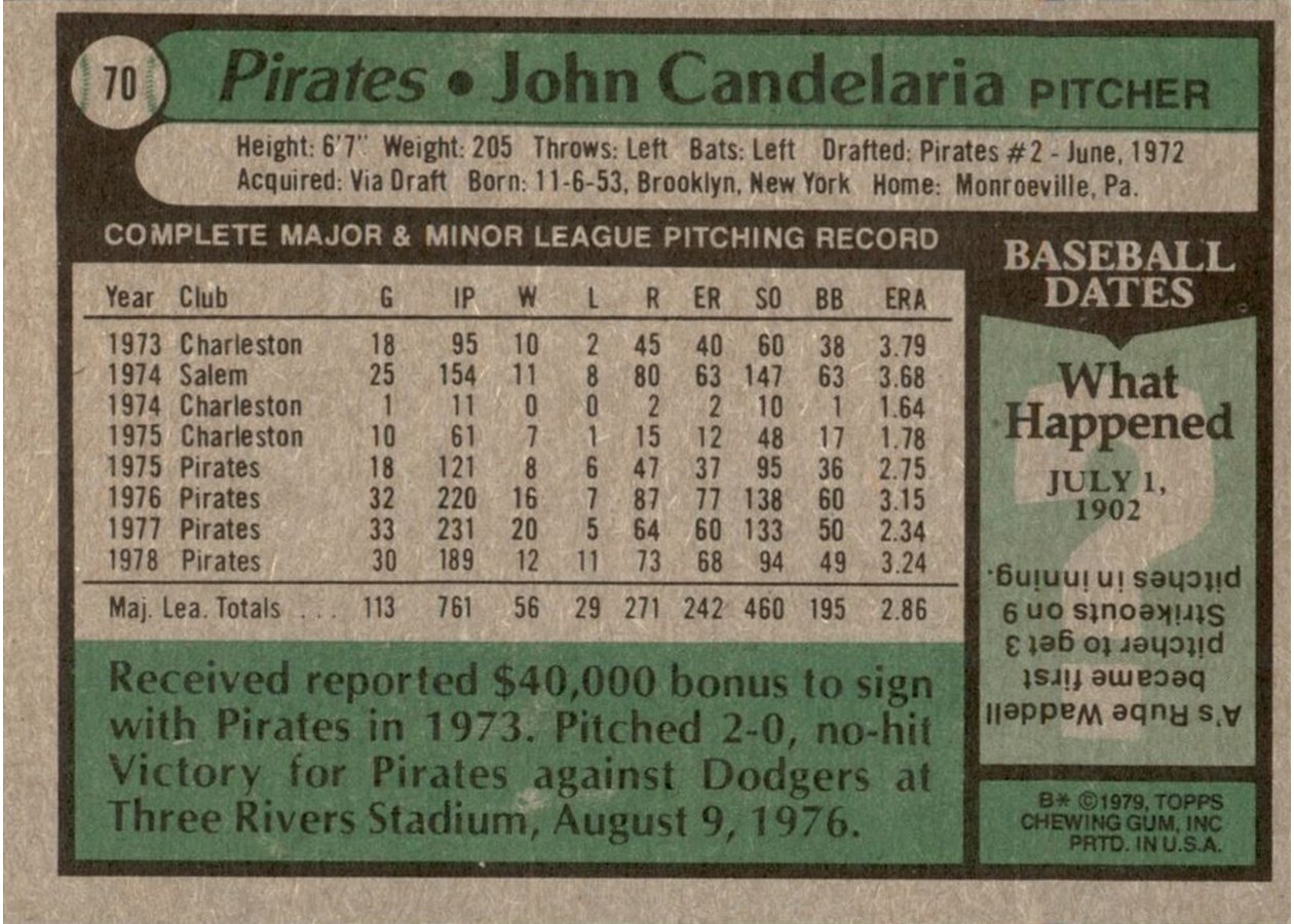 1979 Topps #70 John Candelaria card back