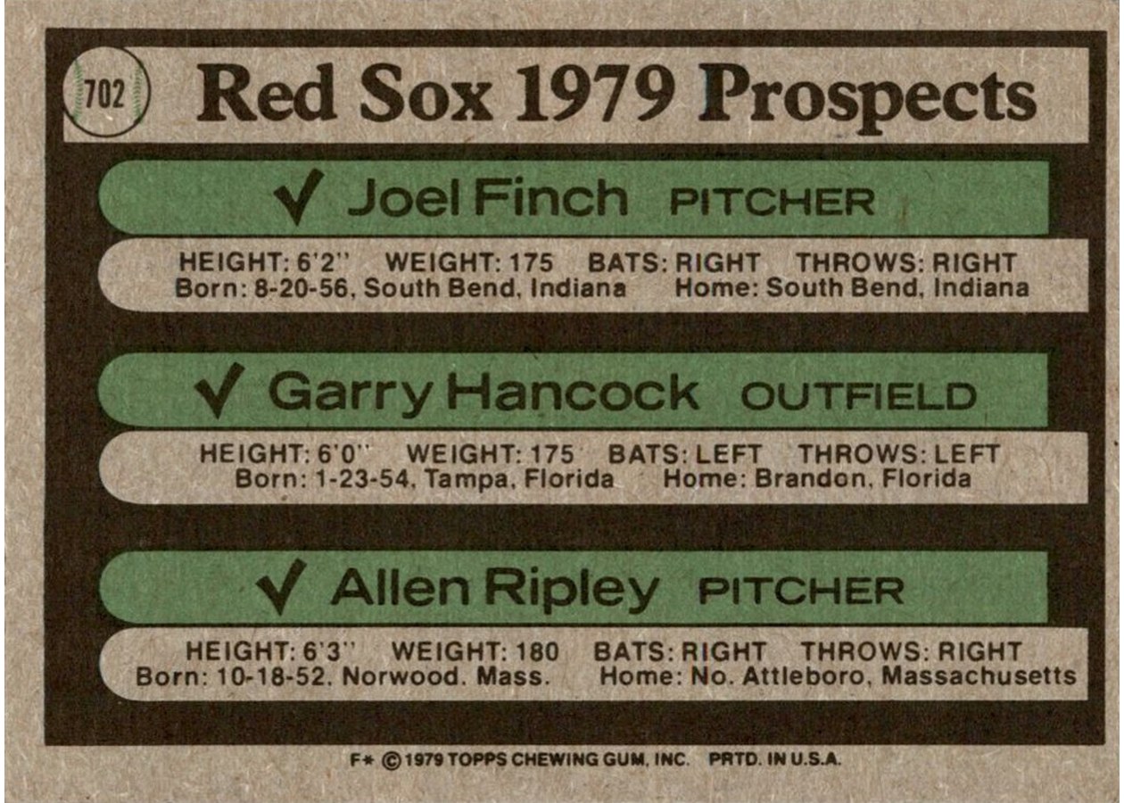 1979 Topps #702 Red Sox 1979 Prospects card back