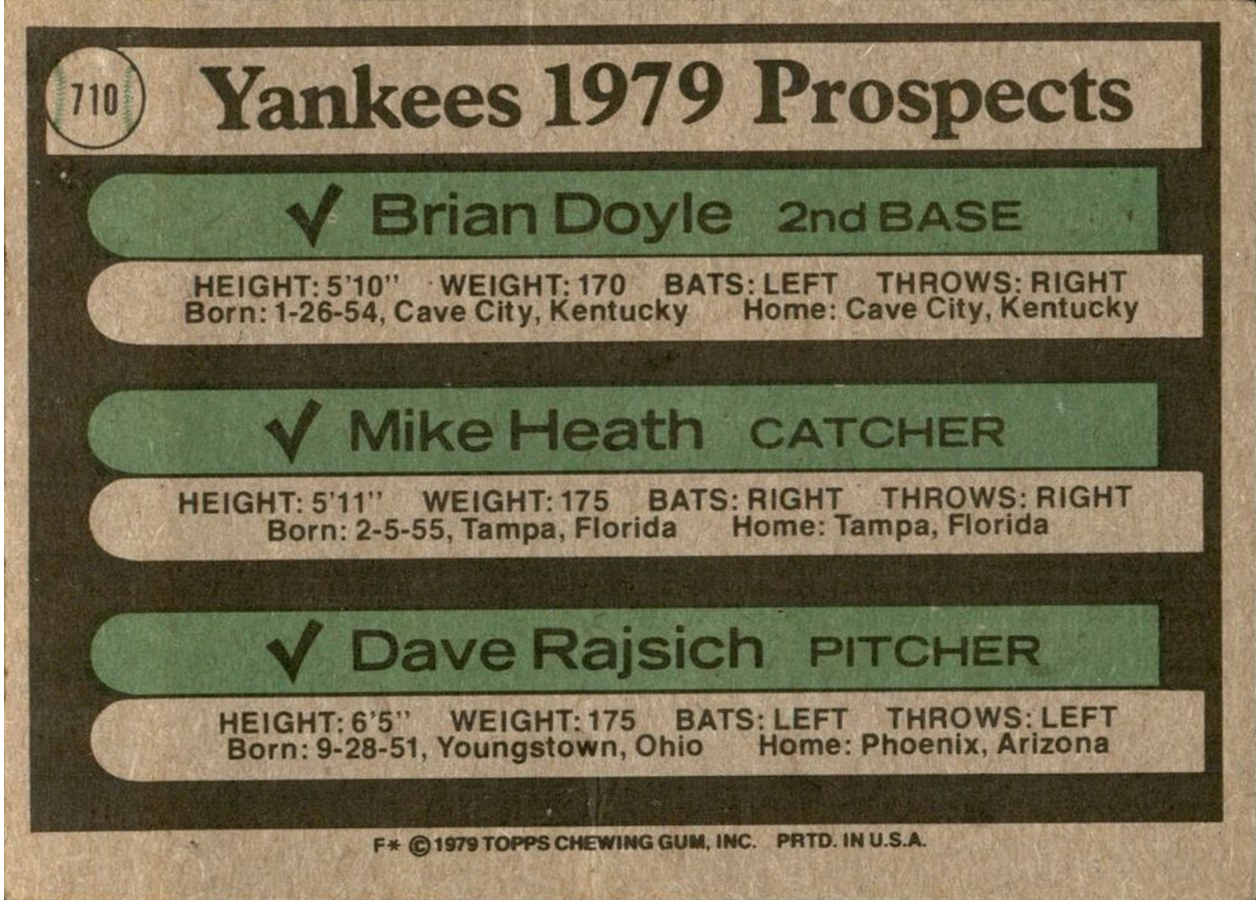 1979 Topps #710 Yankees 1979 Prospects card back