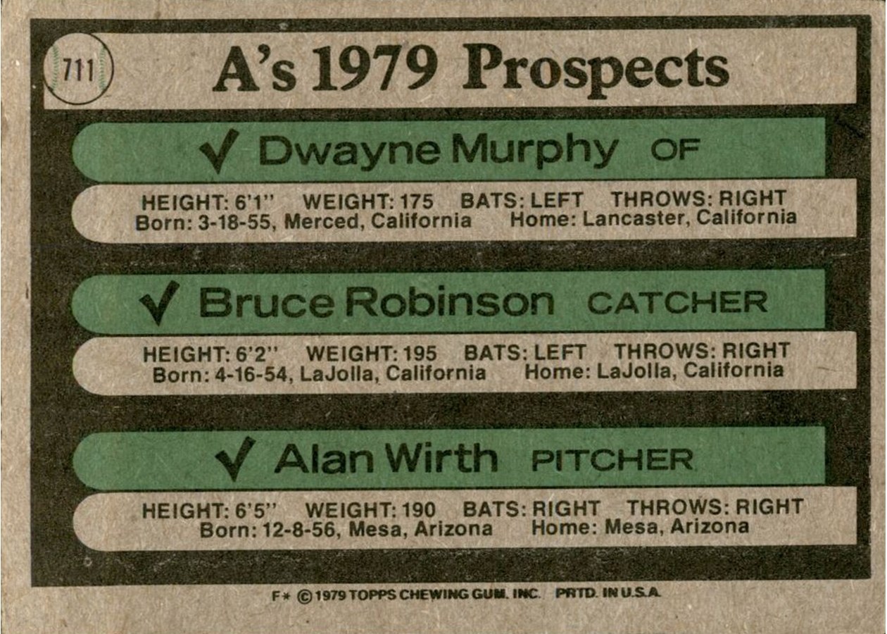 1979 Topps #711 A's 1979 Prospects card back