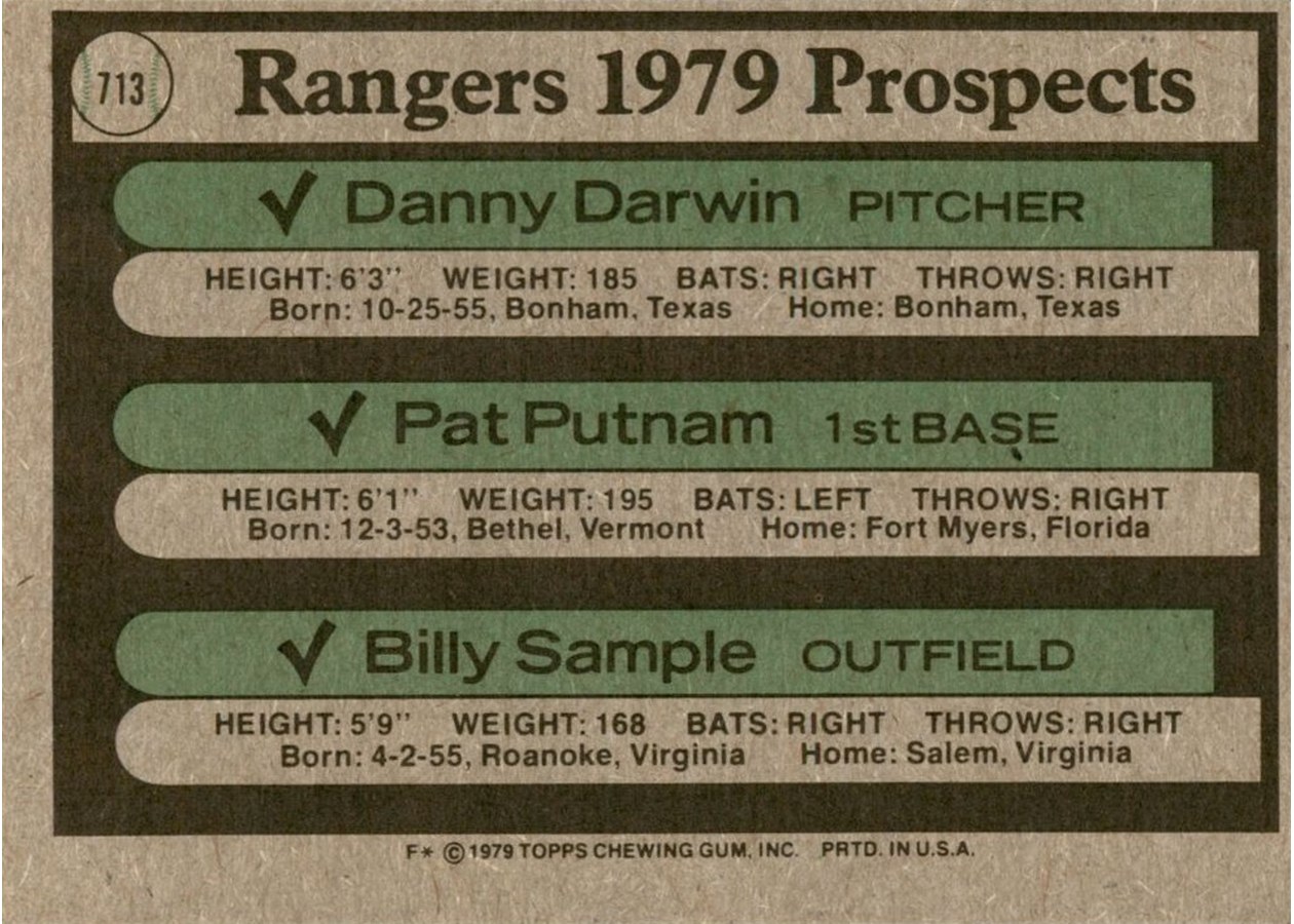 1979 Topps #713 Rangers 1979 Prospects card back