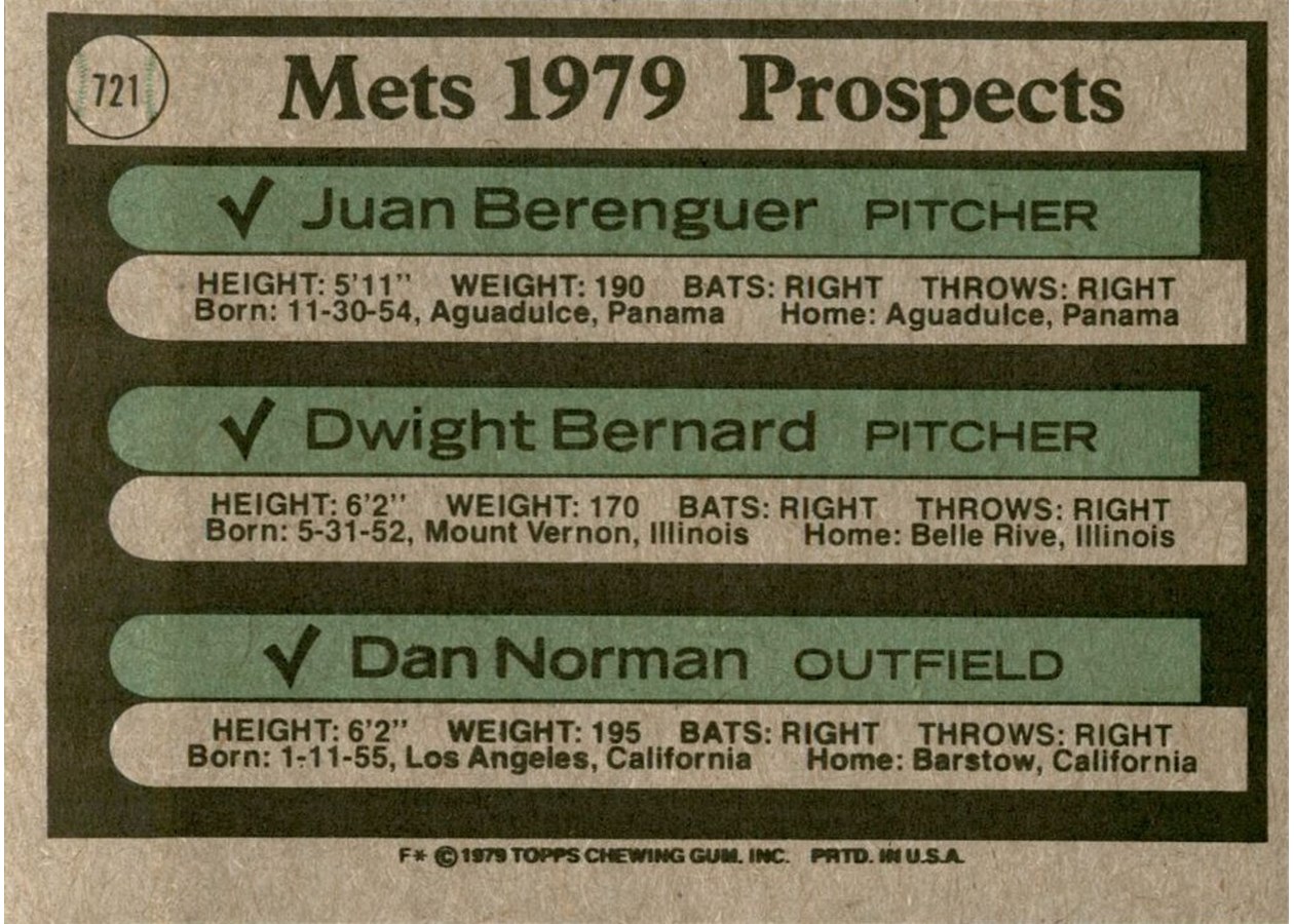 1979 Topps #721 Mets 1979 Prospects card back