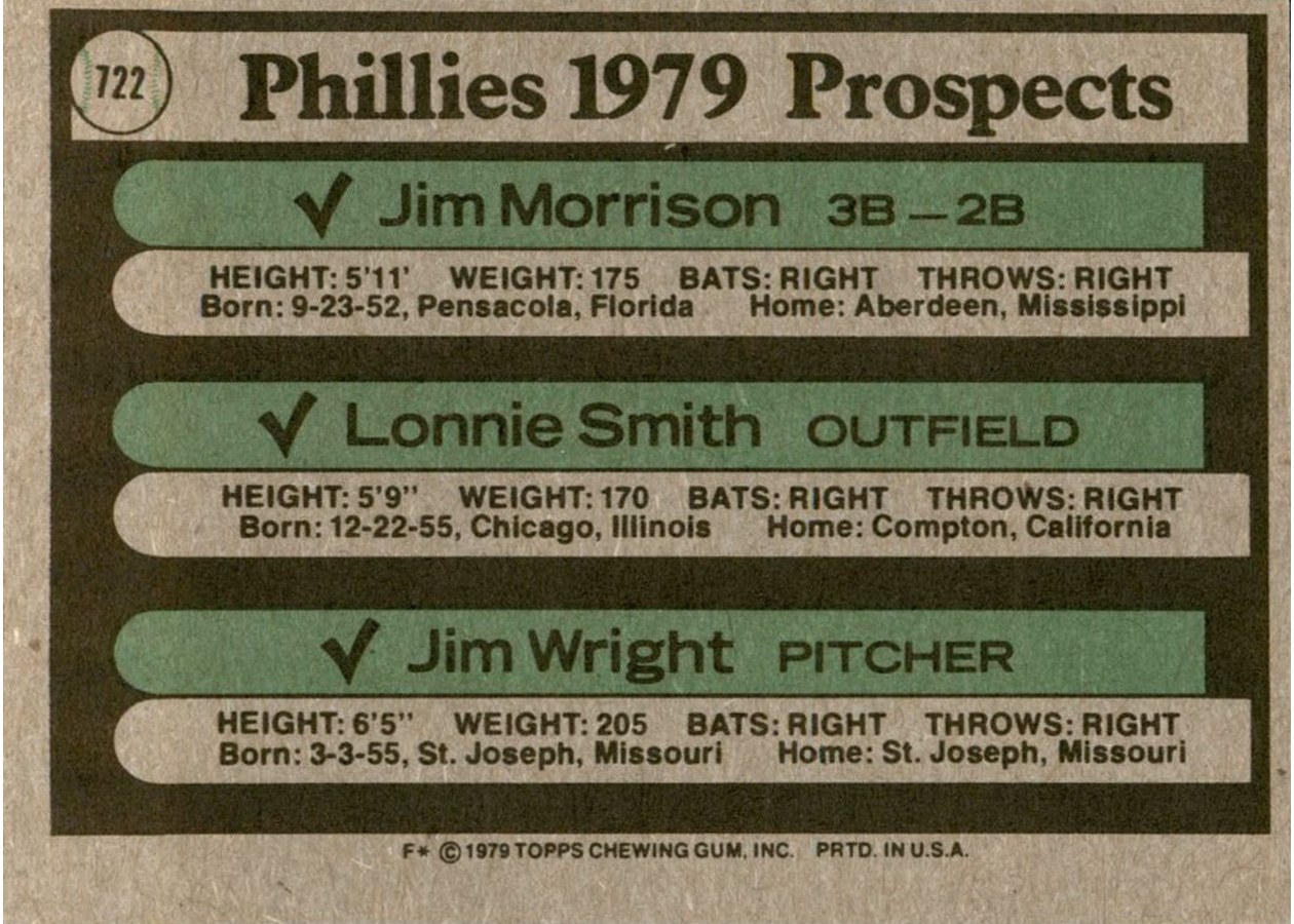 1979 Topps #722 Phillies 1979 Prospects card back