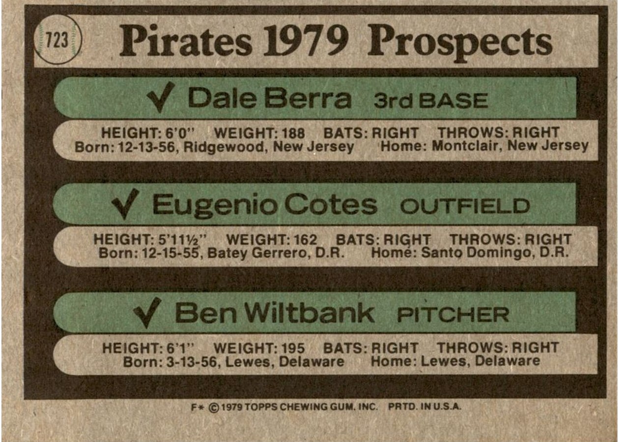 1979 Topps #723 Pirates 1979 Prospects card back